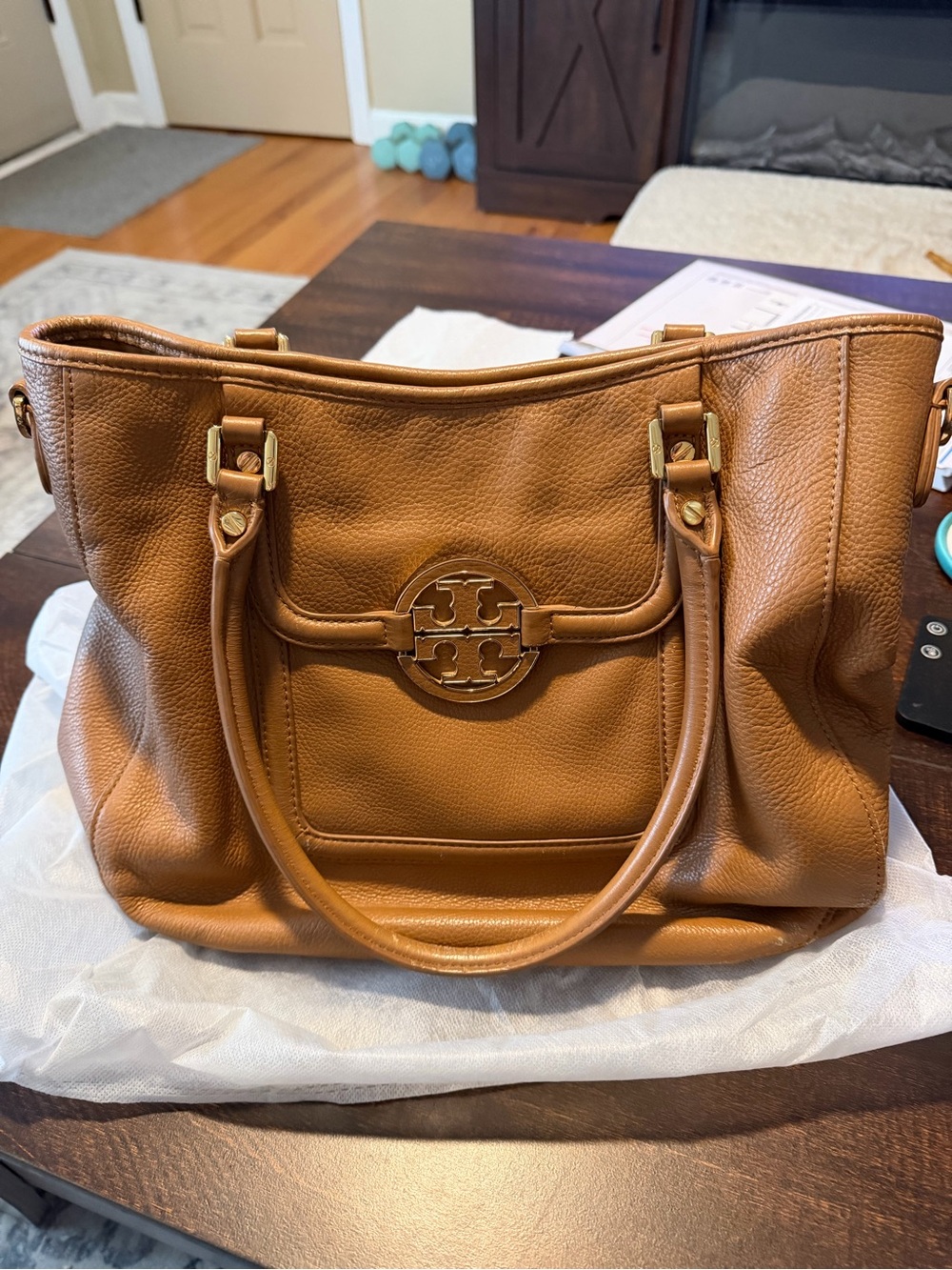 Tory Burch Tan Pebbled Leather Tote with Logo Medallion